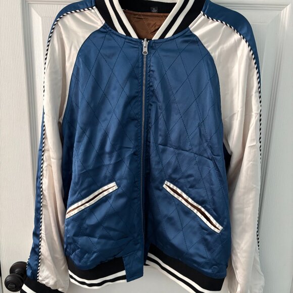 Straight to Hell Blue and White Satin Bomber Jacket - Picture 2 of 3